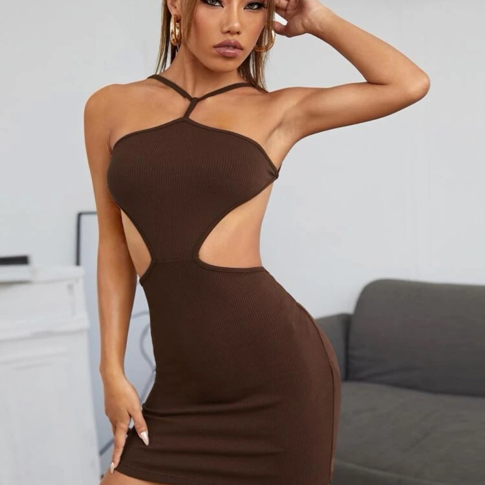 SHEIN Brown Cut-Out Mini Halter Bodycon Dress US S